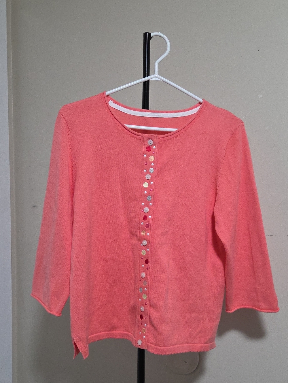 100% Cotton Coral Pink Button-Accent Cardigan Sweater